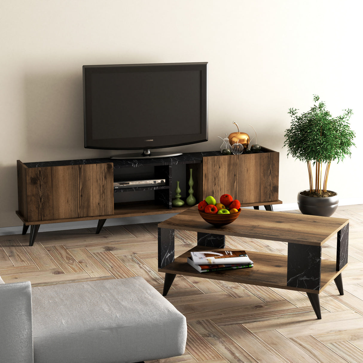 Set mobilă pentru sufragerie Set 1330 - 2024, Nuc - Negru, 180x34x52 cm