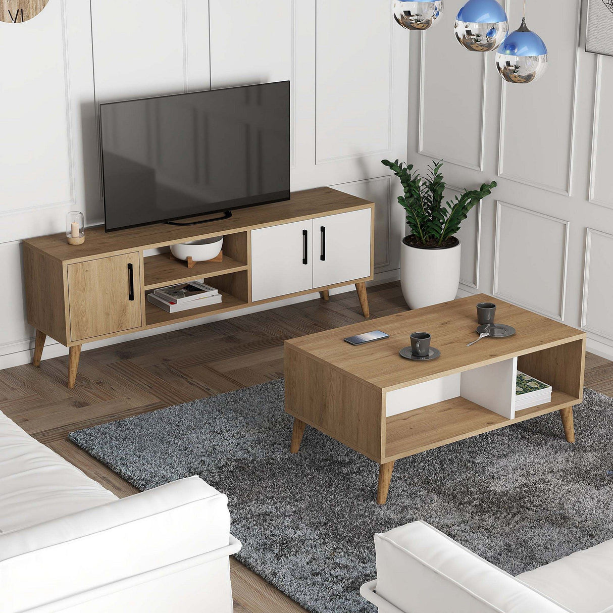Set mobilă pentru sufragerie Set 1584-2074, Stejar - Alb, 150x34x52 cm