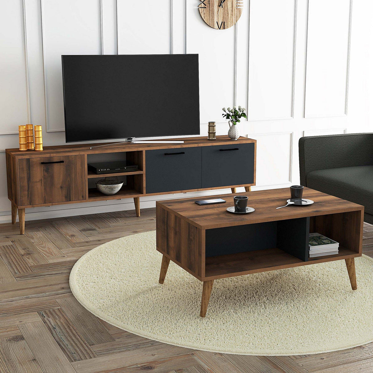 Set mobilă pentru sufragerie Set 1581-2070, Nuc - Antracit, 180x35x53 cm