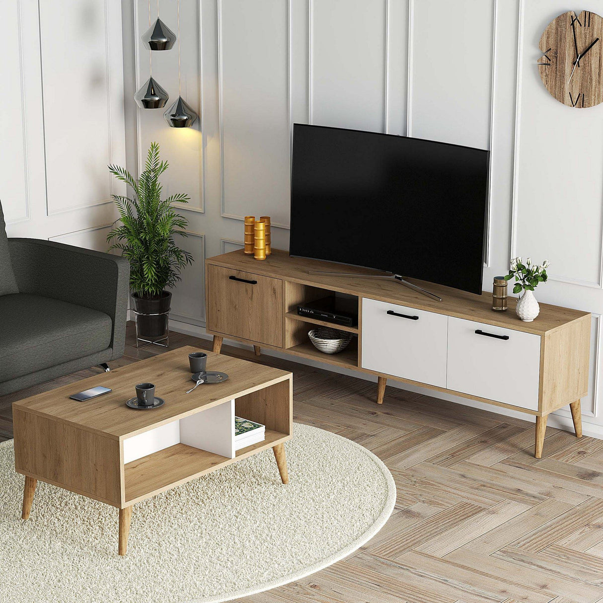 Set mobilă pentru sufragerie Set 1585-2074, Stejar - Alb, 180x35x53 cm