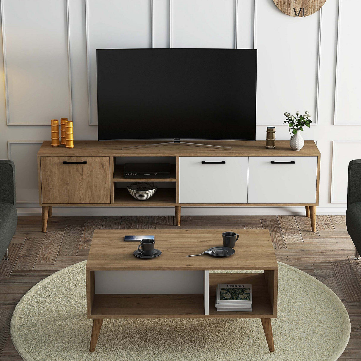 Set mobilă pentru sufragerie Set 1585-2074, Stejar - Alb, 180x35x53 cm
