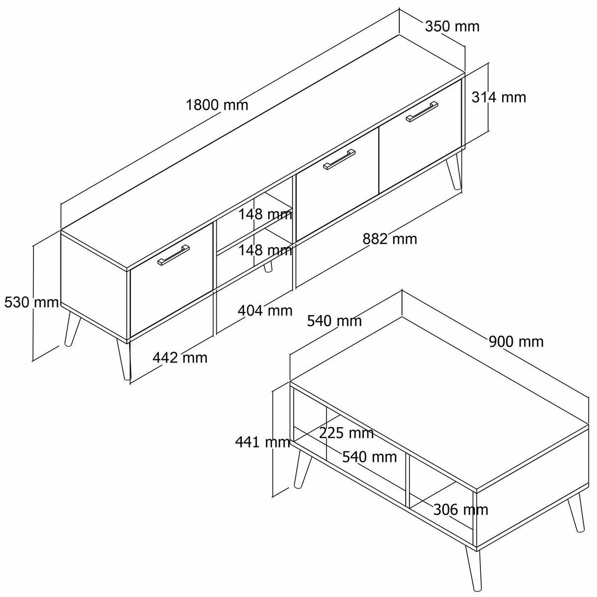 Set mobilă pentru sufragerie Set 1585-2074, Stejar - Alb, 180x35x53 cm