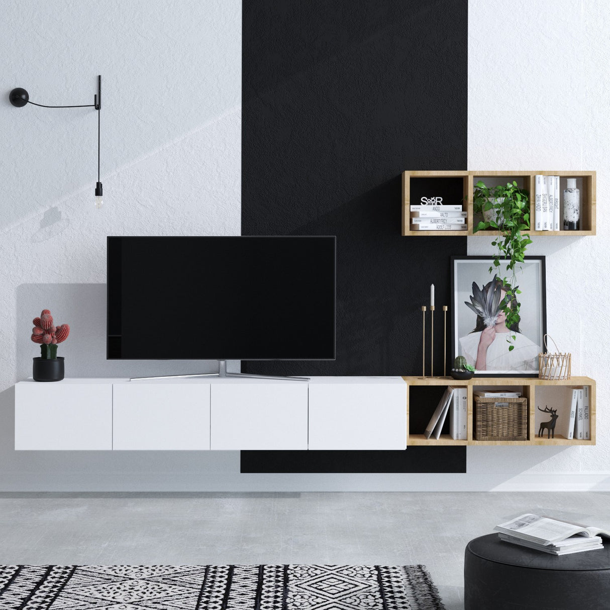 Comodă TV Pıa, Alb - Stejar, 215x32x25 cm