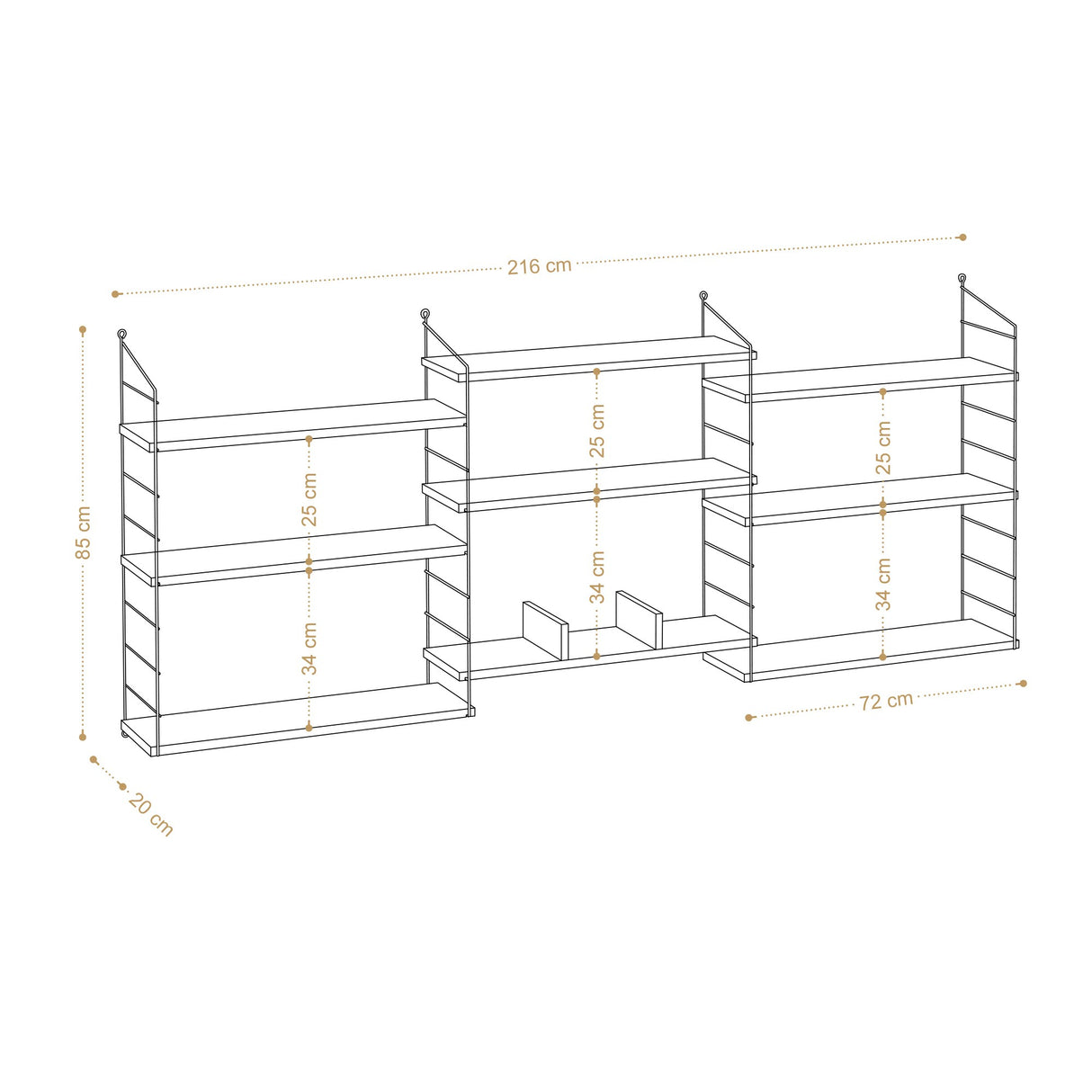 Bibliotecă Lungo, Alb - Negru, 85x20x216 cm