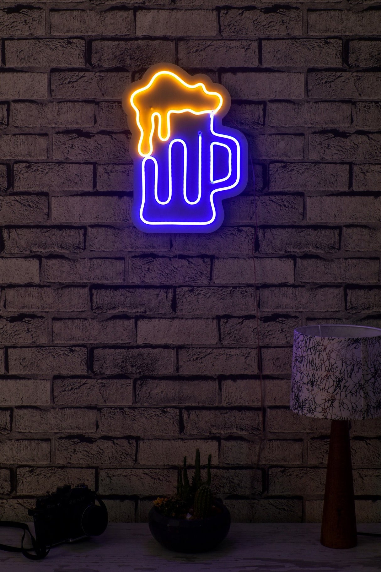 Lampă neon Beer Glass Yellow, Albastru - Galben, 26x35x2 cm