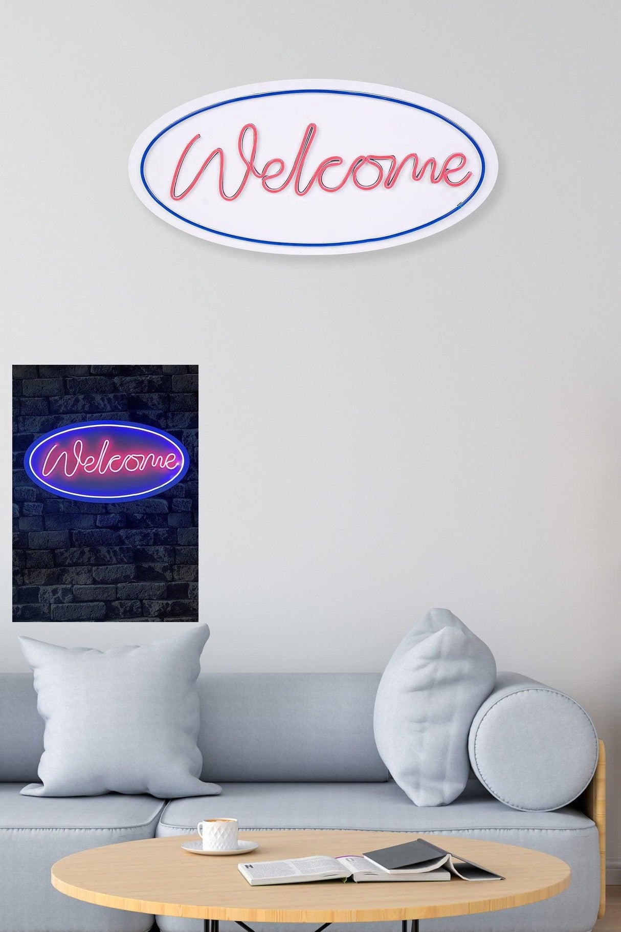 Lampă neon Welcome, Diverse culori, 29x58x2 cm - Albastru - Roz | SKU: 395NGR2223 | Lampă neon Welcome, 29x58x2 cm, varianta Albastru - Roz, produs pentru amenajarea locuinței, disponibil online în România la CasaMob
