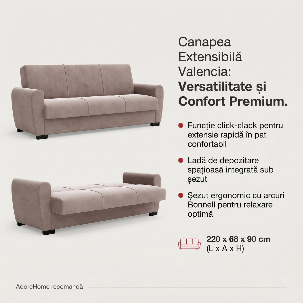 Canapea extensibilă 3 locuri Valencia, cu ladă de depozitare, Diverse culori, 220x68x90 cm - Bej | SKU: 3SBC/xx-SWG003 | Canapea extensibilă 3 locuri Valencia, cu ladă de depozitare, 220x68x90 cm, varianta Bej, produs pentru amenajarea locuinței, disponibil online în România la CasaMob