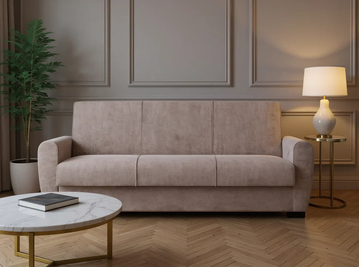 Canapea extensibilă 3 locuri Valencia, cu ladă de depozitare, Diverse culori, 220x68x90 cm - Bej | SKU: 3SBC/xx-SWG003 | Canapea extensibilă 3 locuri Valencia, cu ladă de depozitare, 220x68x90 cm, varianta Bej, produs pentru amenajarea locuinței, disponibil online în România la CasaMob
