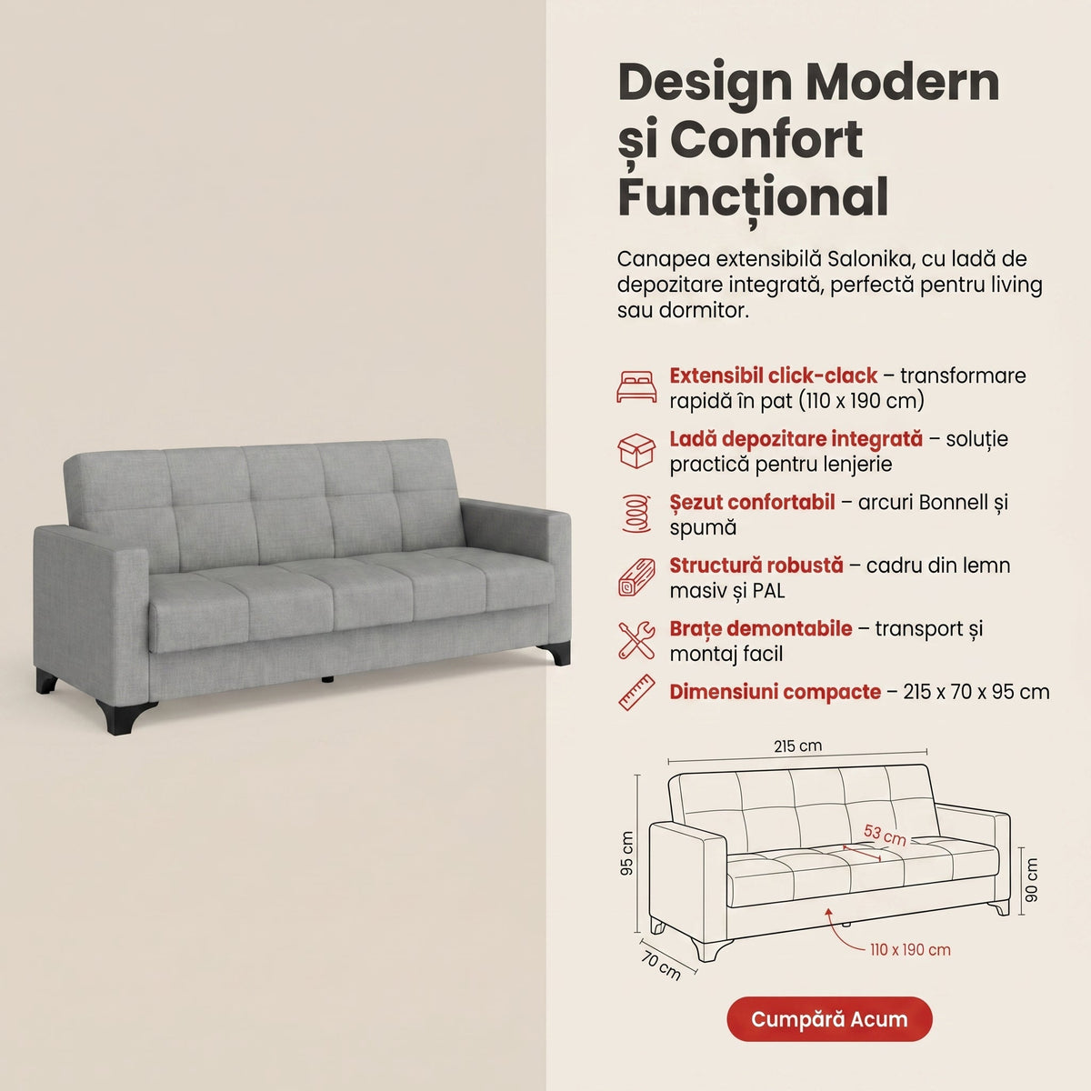 Gri deschis | SKU: 3SBC/xx-TW019 | Canapea extensibila 3 locuri Salonika, cu lada de depozitare, 215x70x95 cm, varianta Gri deschis, produs pentru amenajarea locuinței, disponibil online în România la CasaMob