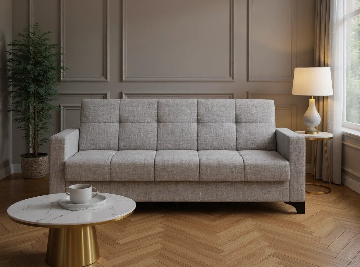 Canapea extensibila 3 locuri Salonika, cu lada de depozitare, Diverse culori, 215x70x95 cm - Gri deschis | SKU: 3SBC/xx-TW019 | Canapea extensibila 3 locuri Salonika, cu lada de depozitare, 215x70x95 cm, varianta Gri deschis, produs pentru amenajarea locuinței, disponibil online în România la CasaMob