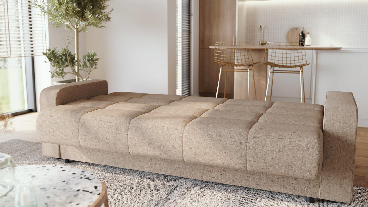 Canapea extensibilă 3 locuri Thassos, cu ladă de depozitare, Diverse culori, 220x70x90 cm - Bej | SKU: 3SBC/xx-YU031 | Canapea extensibilă 3 locuri Thassos, cu ladă de depozitare, 220x70x90 cm, varianta Bej, produs pentru amenajarea locuinței, disponibil online în România la CasaMob