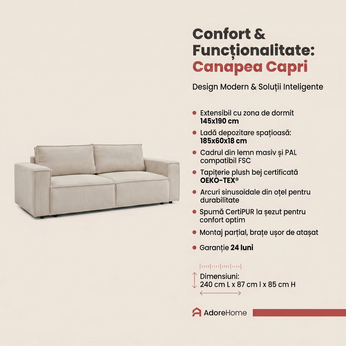 Canapea extensibilă cu depozitare Capri, 3 locuri, Diverse culori, 240x87x85 cm - Gri închis | SKU: 3SBD/FJ019 | Canapea extensibilă cu depozitare Capri, 3 locuri, 240x87x85 cm, varianta Gri închis, produs pentru amenajarea locuinței, disponibil online în România la CasaMob