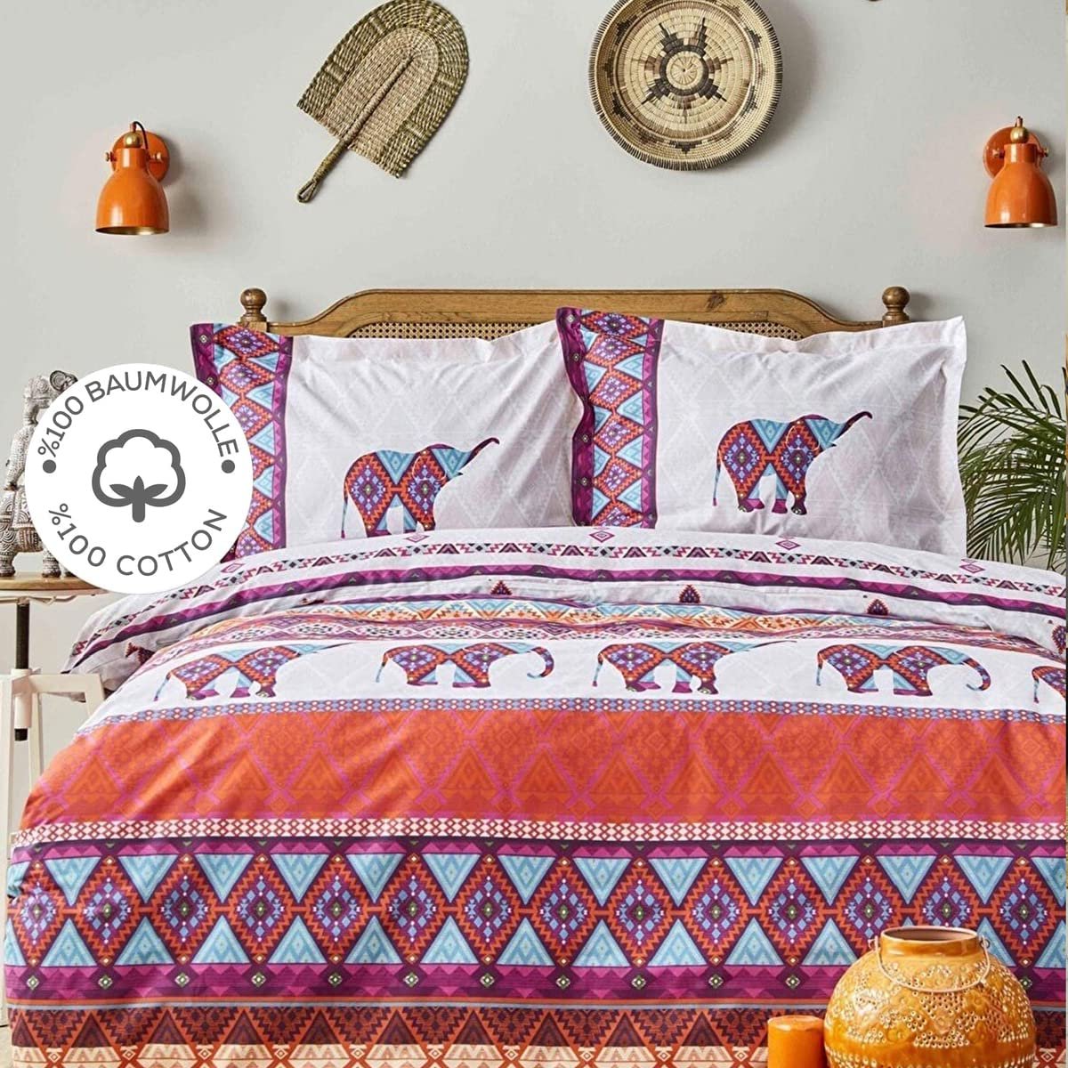 Set lenjerie de pat dublă Marsala, Portocaliu - Mov - Albastru - Alb, 240x260 cm