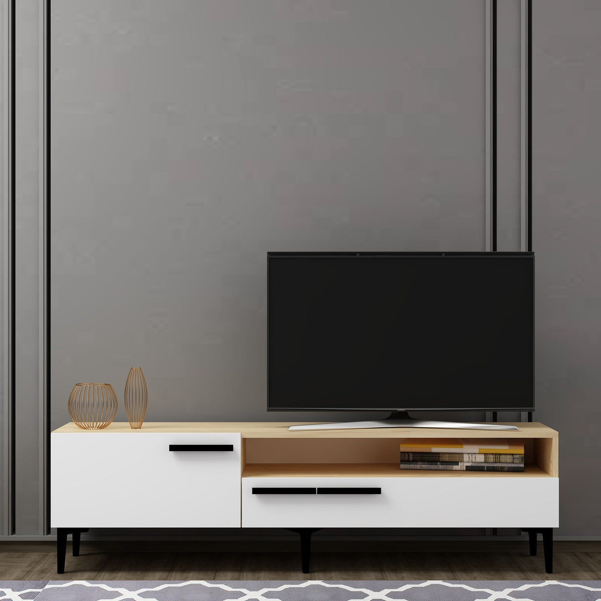 Comodă TV Zera, Diverse culori, 150x35x50 cm - Stejar - Alb | SKU: 475OLV1103 | Comodă TV Zera, 150x35x50 cm, varianta Stejar - Alb, produs pentru amenajarea locuinței, disponibil online în România la CasaMob
