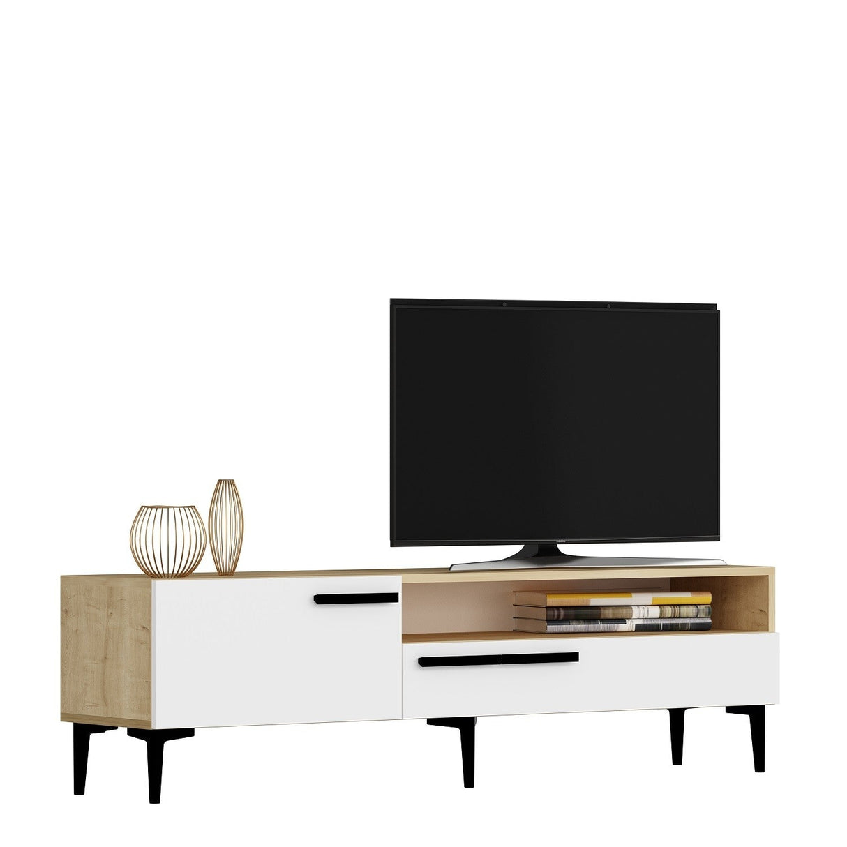 Comodă TV Zera, Diverse culori, 150x35x50 cm - Stejar - Alb | SKU: 475OLV1103 | Comodă TV Zera, 150x35x50 cm, varianta Stejar - Alb, produs pentru amenajarea locuinței, disponibil online în România la CasaMob