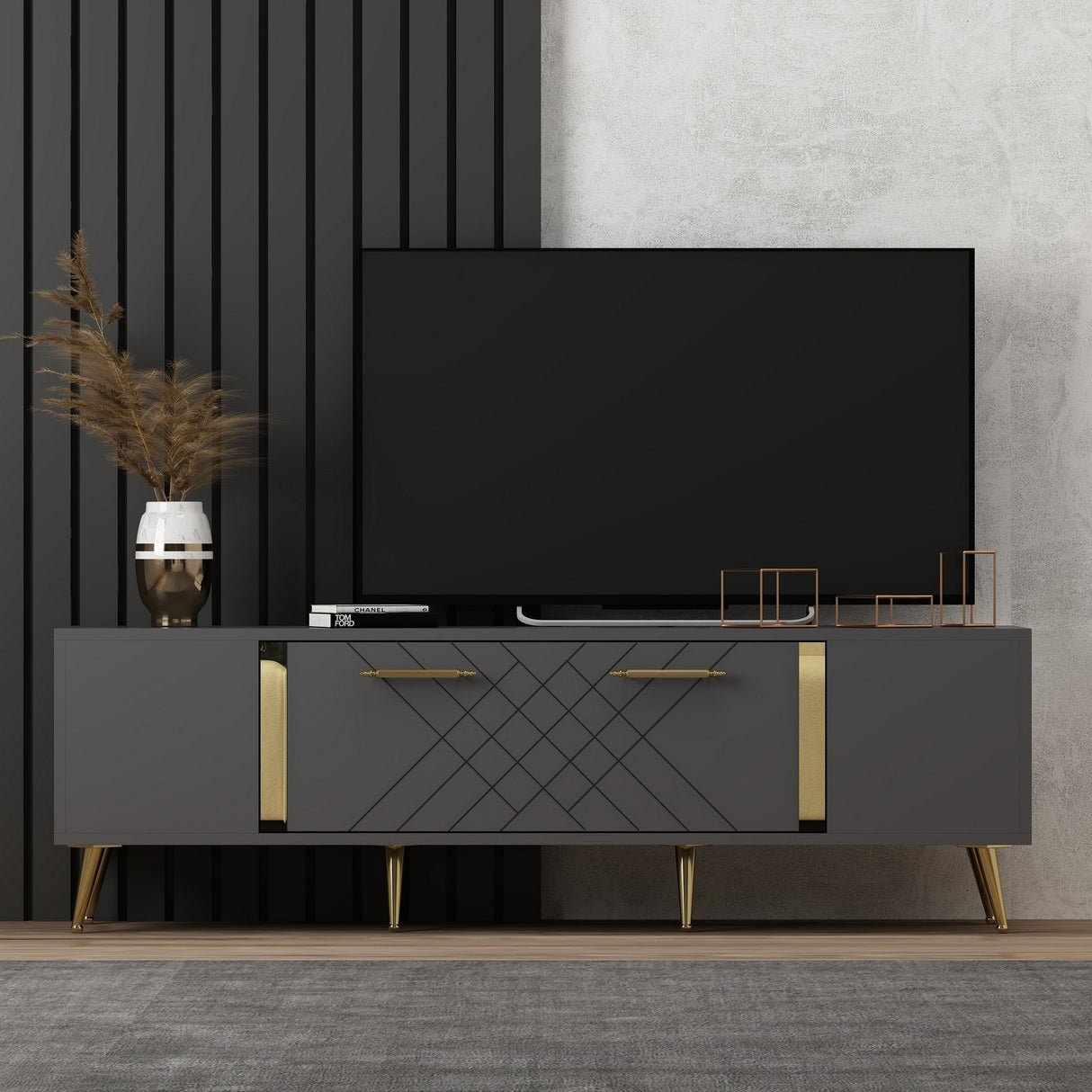 Comodă TV Detas, Diverse culori, 150x35x48 cm - Antracit - Auriu | SKU: 475OLV1138 | Comodă TV Detas, 150x35x48 cm, varianta Antracit - Auriu, produs pentru amenajarea locuinței, disponibil online în România la CasaMob