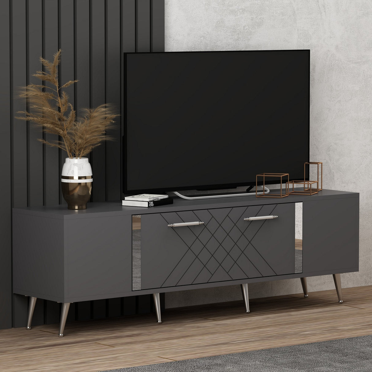 Comodă TV Detas, Diverse culori, 150x35x48 cm - Antracit - Argintiu | SKU: 475OLV1139 | Comodă TV Detas, 150x35x48 cm, varianta Antracit - Argintiu, produs pentru amenajarea locuinței, disponibil online în România la CasaMob