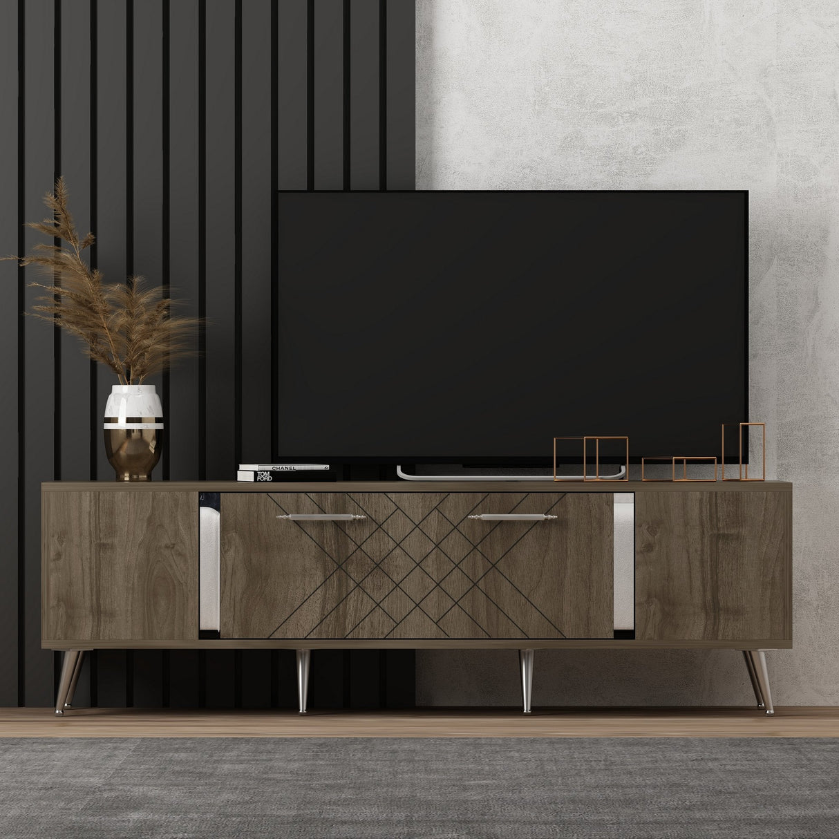 Comodă TV Detas, Diverse culori, 150x35x48 cm - Nuc - Argintiu | SKU: 475OLV1141 | Comodă TV Detas, 150x35x48 cm, varianta Nuc - Argintiu, produs pentru amenajarea locuinței, disponibil online în România la CasaMob