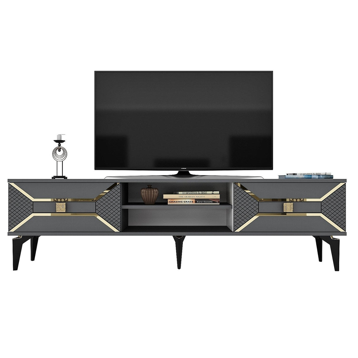 Comodă TV Yumedi, Diverse culori, 150x30x50 cm - Antracit - Auriu | SKU: 475OLV1158 | Comodă TV Yumedi, 150x30x50 cm, varianta Antracit - Auriu, produs pentru amenajarea locuinței, disponibil online în România la CasaMob