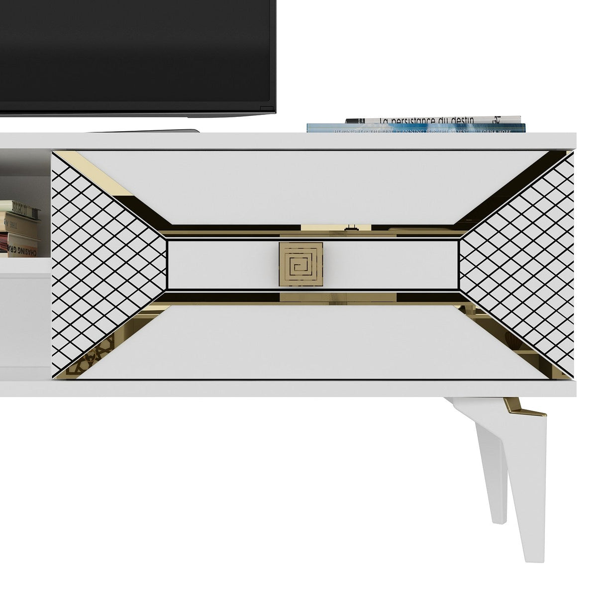 Comodă TV Yumedi, Diverse culori, 150x30x50 cm - Alb - Auriu | SKU: 475OLV1160 | Comodă TV Yumedi, 150x30x50 cm, varianta Alb - Auriu, produs pentru amenajarea locuinței, disponibil online în România la CasaMob