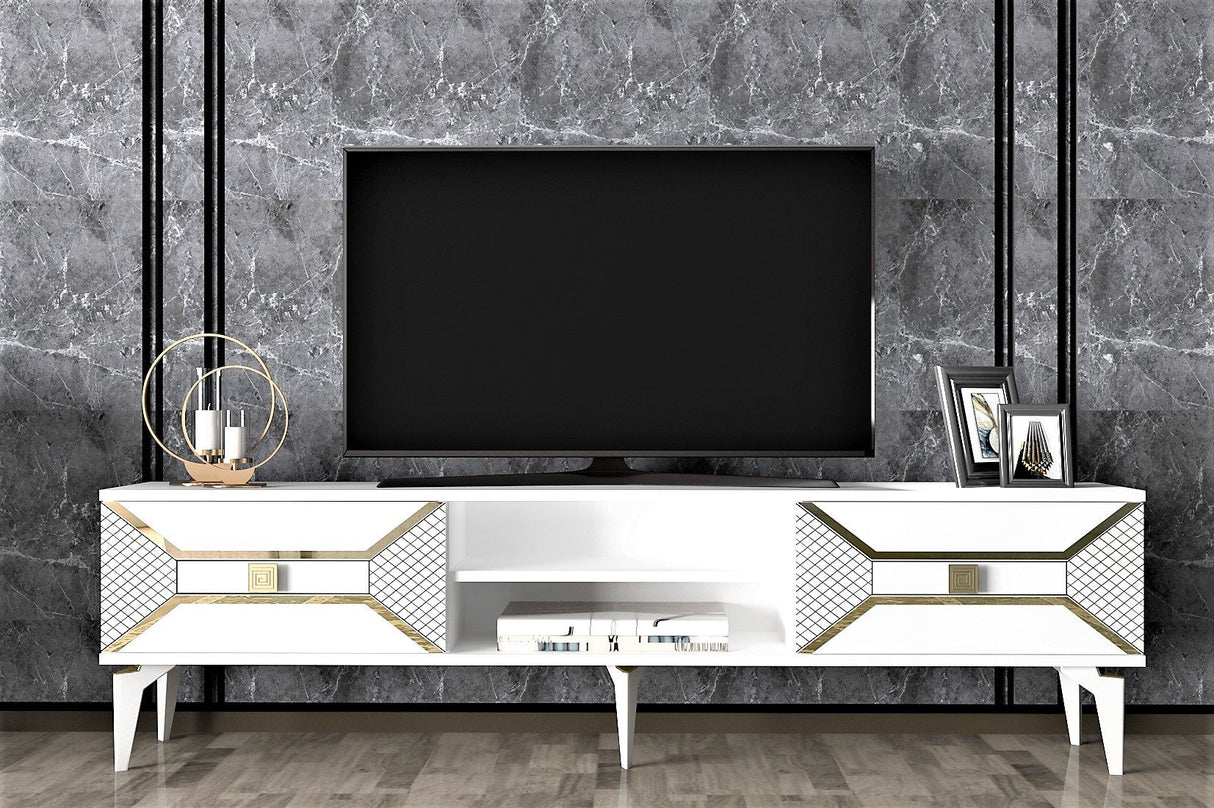 Comodă TV Yumedi, Diverse culori, 150x30x50 cm - Alb - Auriu | SKU: 475OLV1160 | Comodă TV Yumedi, 150x30x50 cm, varianta Alb - Auriu, produs pentru amenajarea locuinței, disponibil online în România la CasaMob