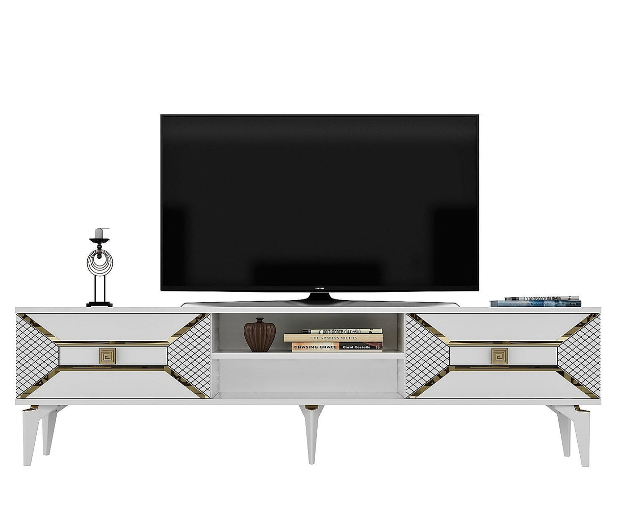 Comodă TV Yumedi, Diverse culori, 150x30x50 cm - Alb - Auriu | SKU: 475OLV1160 | Comodă TV Yumedi, 150x30x50 cm, varianta Alb - Auriu, produs pentru amenajarea locuinței, disponibil online în România la CasaMob