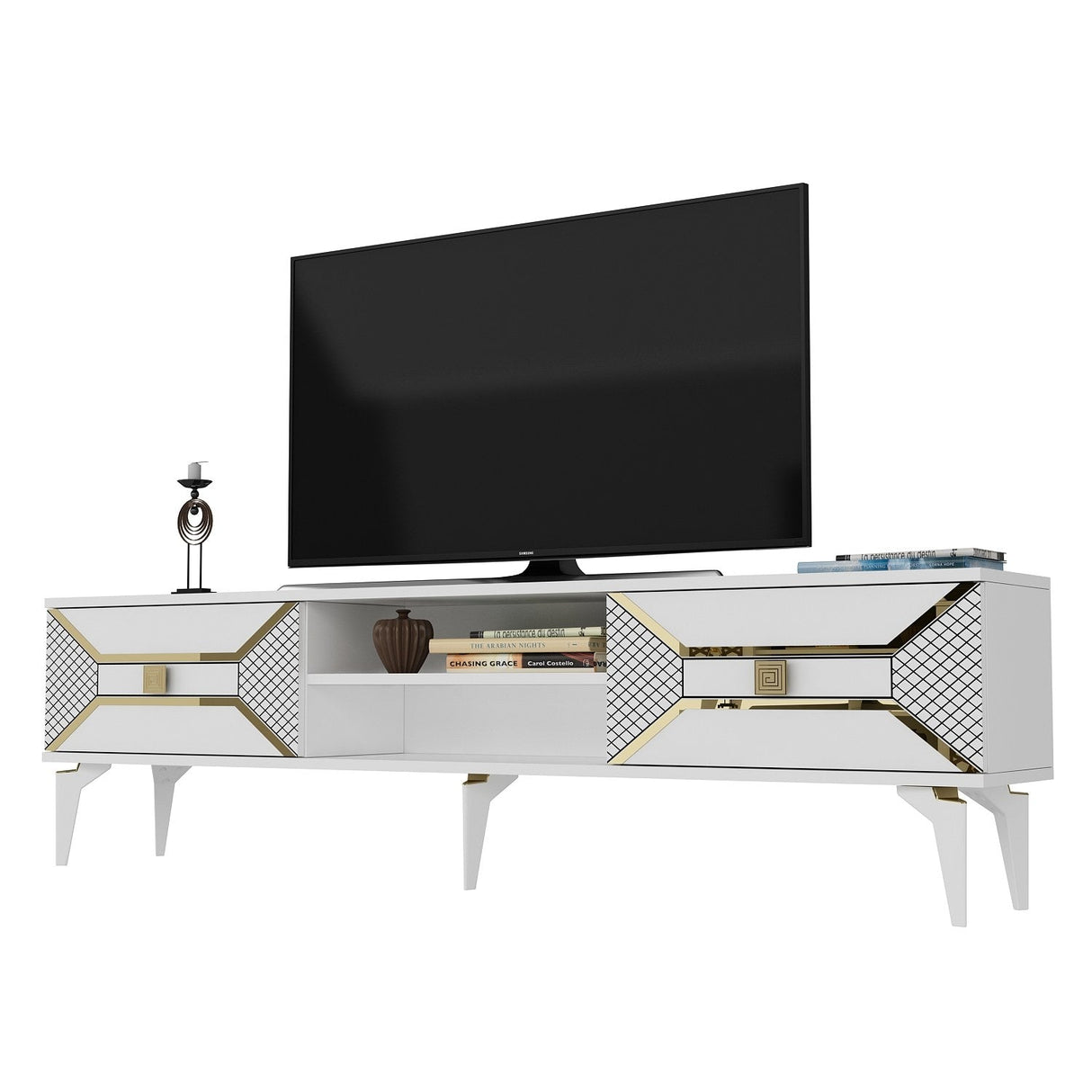 Comodă TV Yumedi, Diverse culori, 150x30x50 cm - Alb - Auriu | SKU: 475OLV1160 | Comodă TV Yumedi, 150x30x50 cm, varianta Alb - Auriu, produs pentru amenajarea locuinței, disponibil online în România la CasaMob