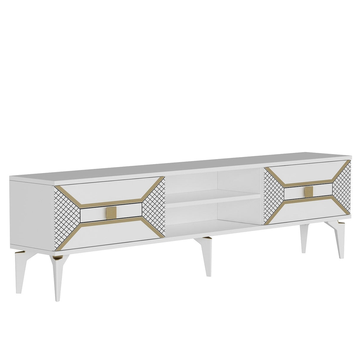 Comodă TV Yumedi, Diverse culori, 150x30x50 cm - Alb - Auriu | SKU: 475OLV1160 | Comodă TV Yumedi, 150x30x50 cm, varianta Alb - Auriu, produs pentru amenajarea locuinței, disponibil online în România la CasaMob