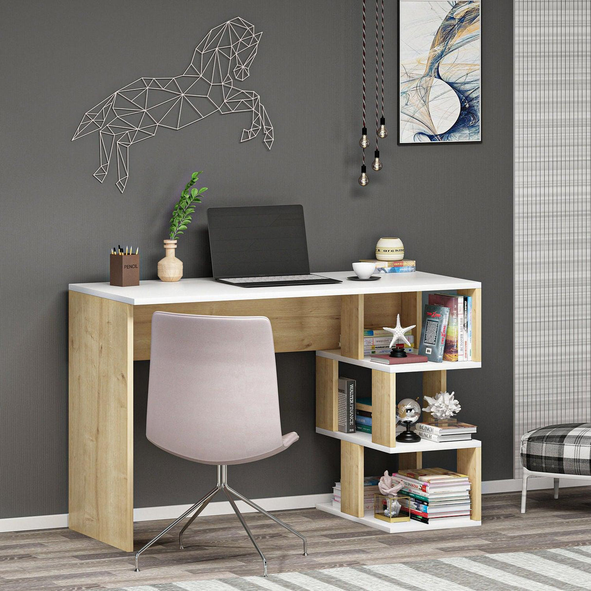 Birou Dardanos, Diverse culori, 110x50x74 cm - Alb - Stejar safir | SKU: 475OLV1208 | Birou Dardanos, 110x50x74 cm, varianta Alb - Stejar safir, produs pentru amenajarea locuinței, disponibil online în România la CasaMob