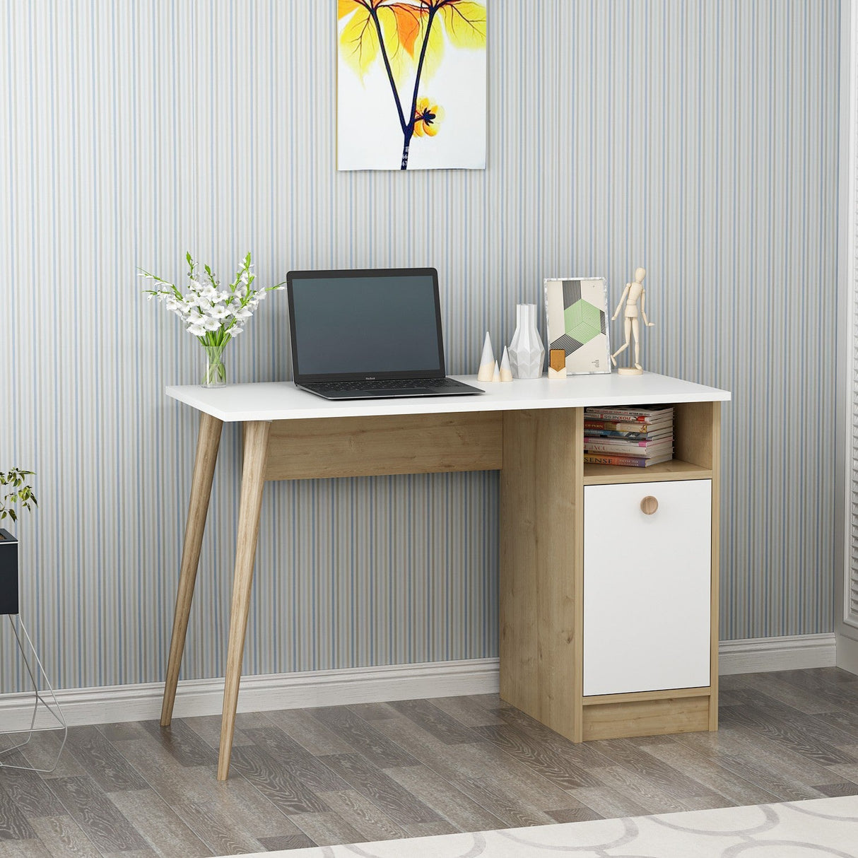 Birou Cannas, Diverse culori, 110x50x74 cm - Alb - Stejar safir | SKU: 475OLV1210 | Birou Cannas, 110x50x74 cm, varianta Alb - Stejar safir, produs pentru amenajarea locuinței, disponibil online în România la CasaMob