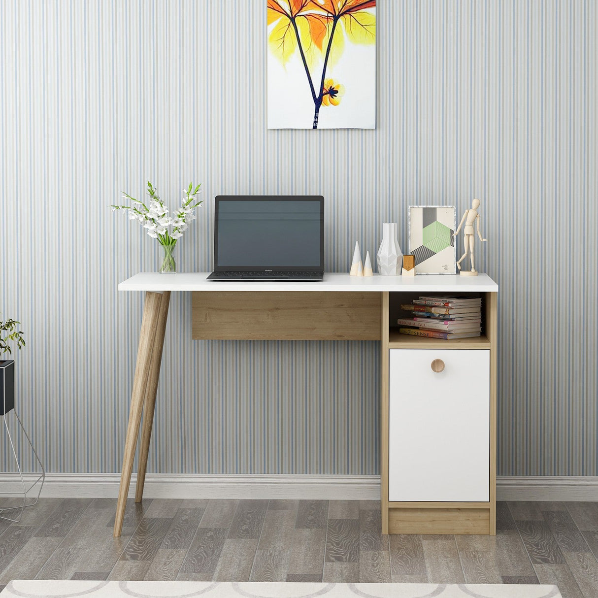 Birou Cannas, Diverse culori, 110x50x74 cm - Alb - Stejar safir | SKU: 475OLV1210 | Birou Cannas, 110x50x74 cm, varianta Alb - Stejar safir, produs pentru amenajarea locuinței, disponibil online în România la CasaMob