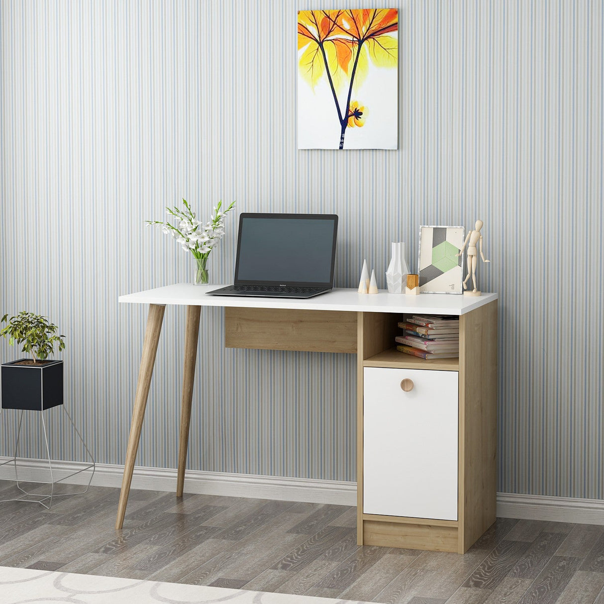 Birou Cannas, Diverse culori, 110x50x74 cm - Alb - Stejar safir | SKU: 475OLV1210 | Birou Cannas, 110x50x74 cm, varianta Alb - Stejar safir, produs pentru amenajarea locuinței, disponibil online în România la CasaMob