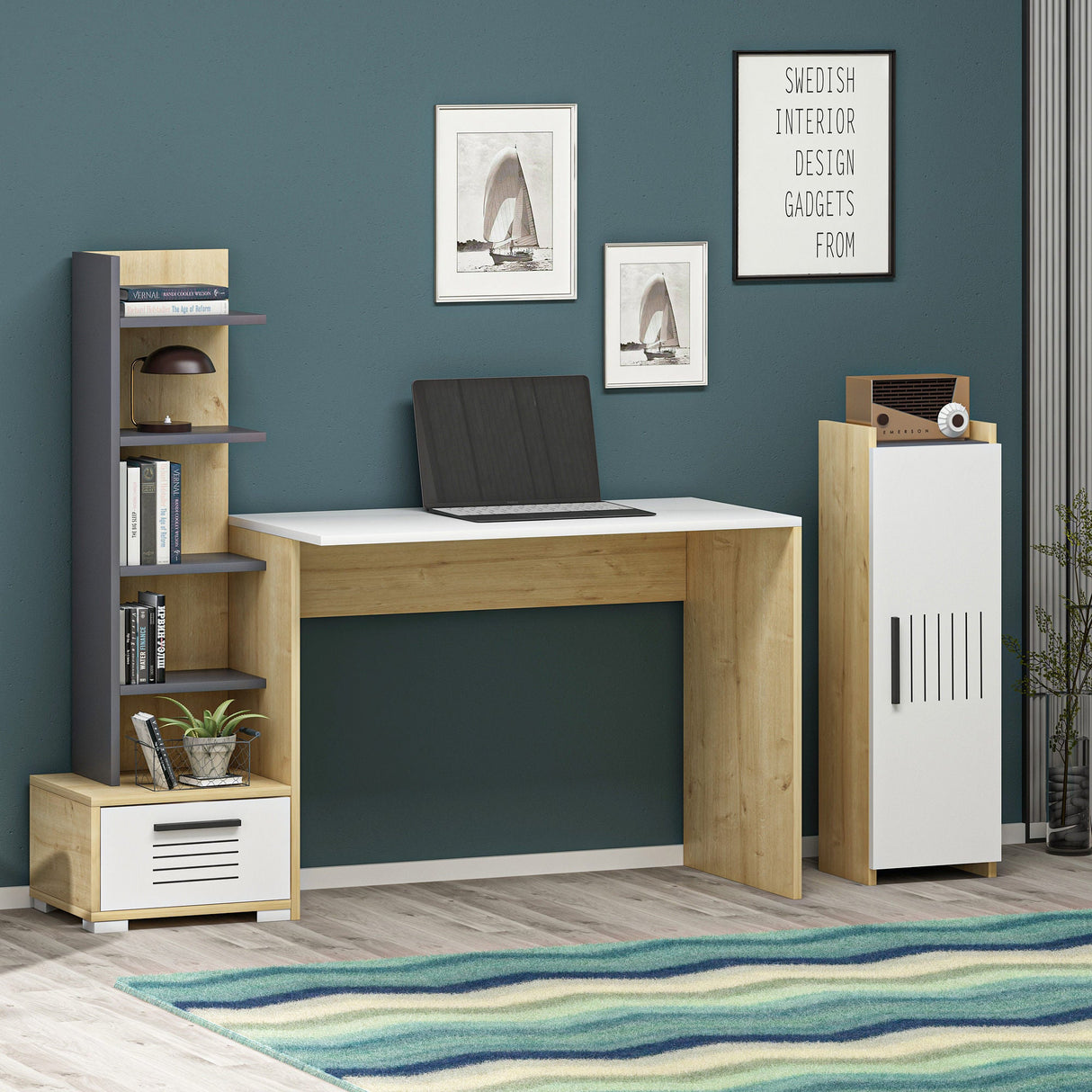 Birou Dawn, Diverse culori, 120x60x72 cm - Stejar safir - Alb - Antracit | SKU: 475OLV1215 | Birou Dawn, 120x60x72 cm, varianta Stejar safir - Alb - Antracit, produs pentru amenajarea locuinței, disponibil online în România la CasaMob