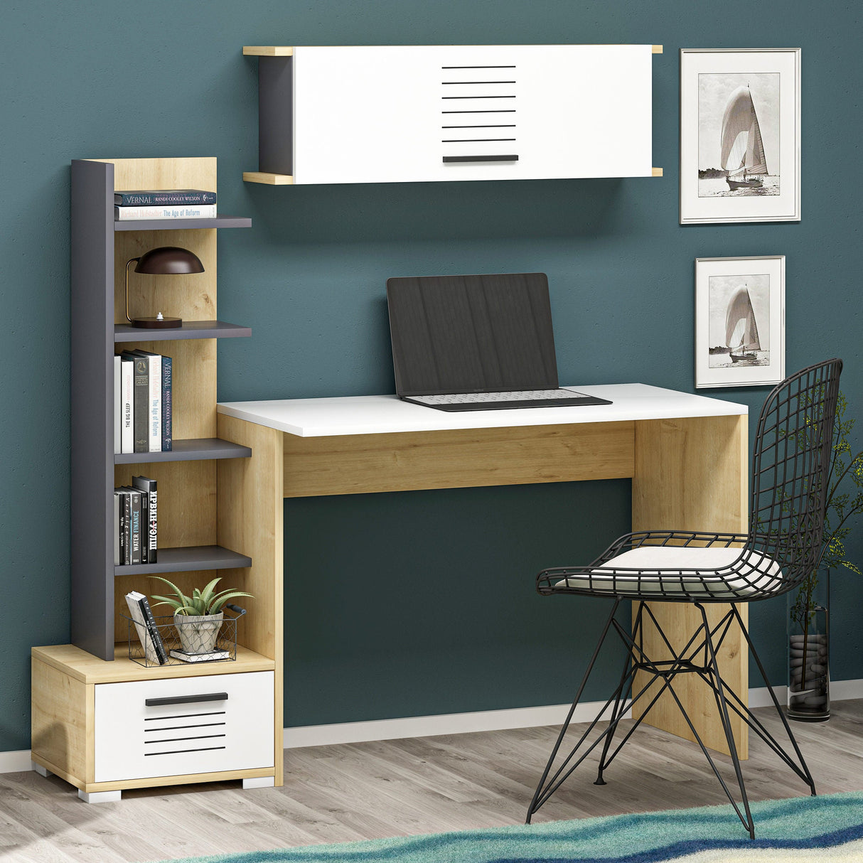 Birou Dawn, Diverse culori, 120x60x72 cm - Stejar safir - Alb - Antracit | SKU: 475OLV1215 | Birou Dawn, 120x60x72 cm, varianta Stejar safir - Alb - Antracit, produs pentru amenajarea locuinței, disponibil online în România la CasaMob