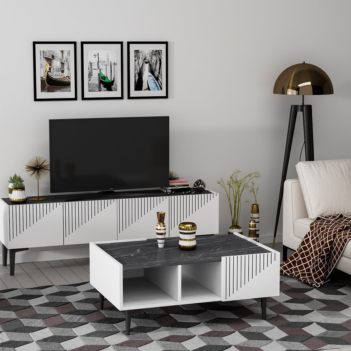 Măsuță de cafea Draw, Diverse culori, 94x62x40 cm - Alb - Negru | SKU: 475OLV1345 | Măsuță de cafea Draw, 94x62x40 cm, varianta Alb - Negru, produs pentru amenajarea locuinței, disponibil online în România la CasaMob