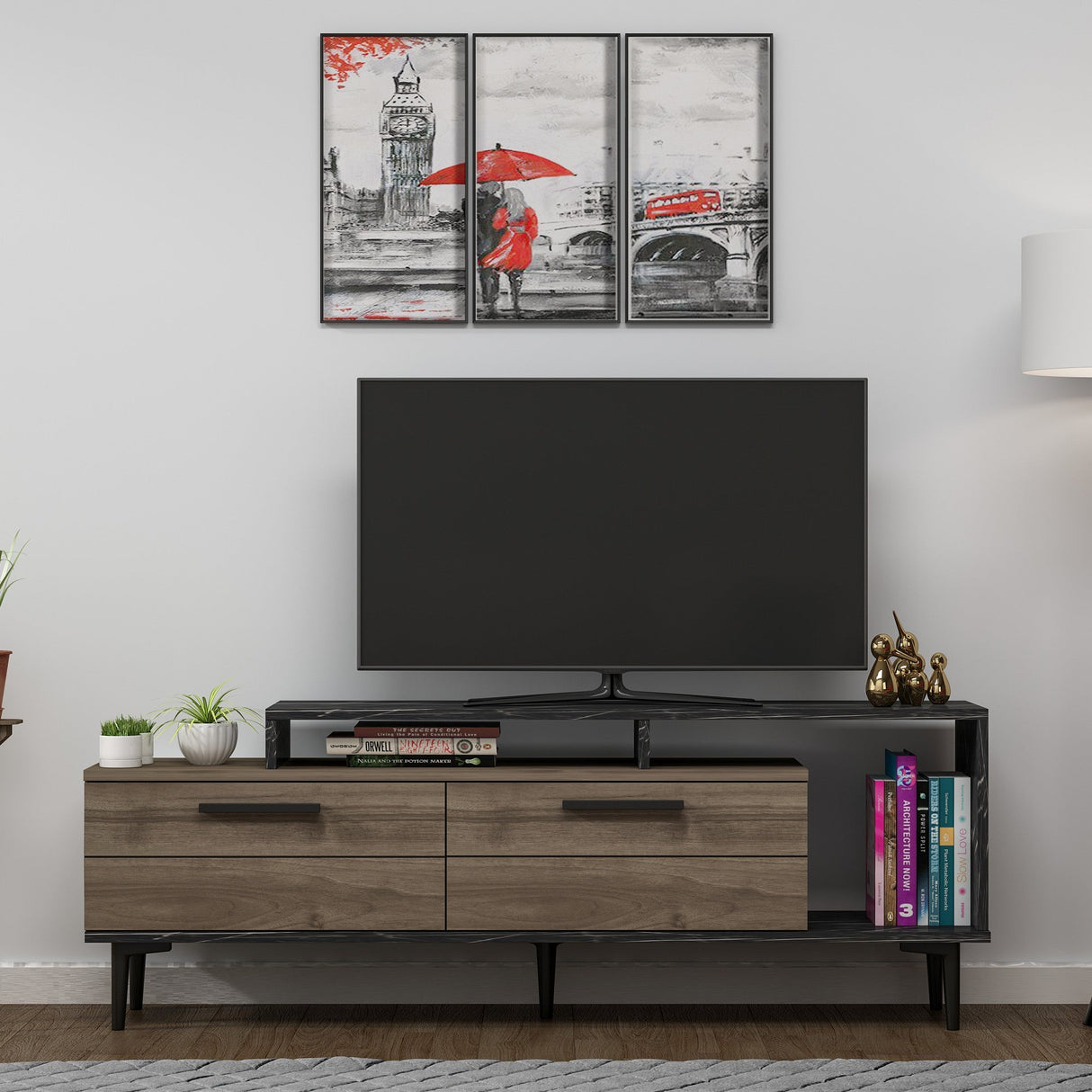 Comodă TV Niva, Diverse culori, 150x31x54 cm - Nuc - Black marble | SKU: 475OLV1402 | Comodă TV Niva, 150x31x54 cm, varianta Nuc - Black marble, produs pentru amenajarea locuinței, disponibil online în România la CasaMob