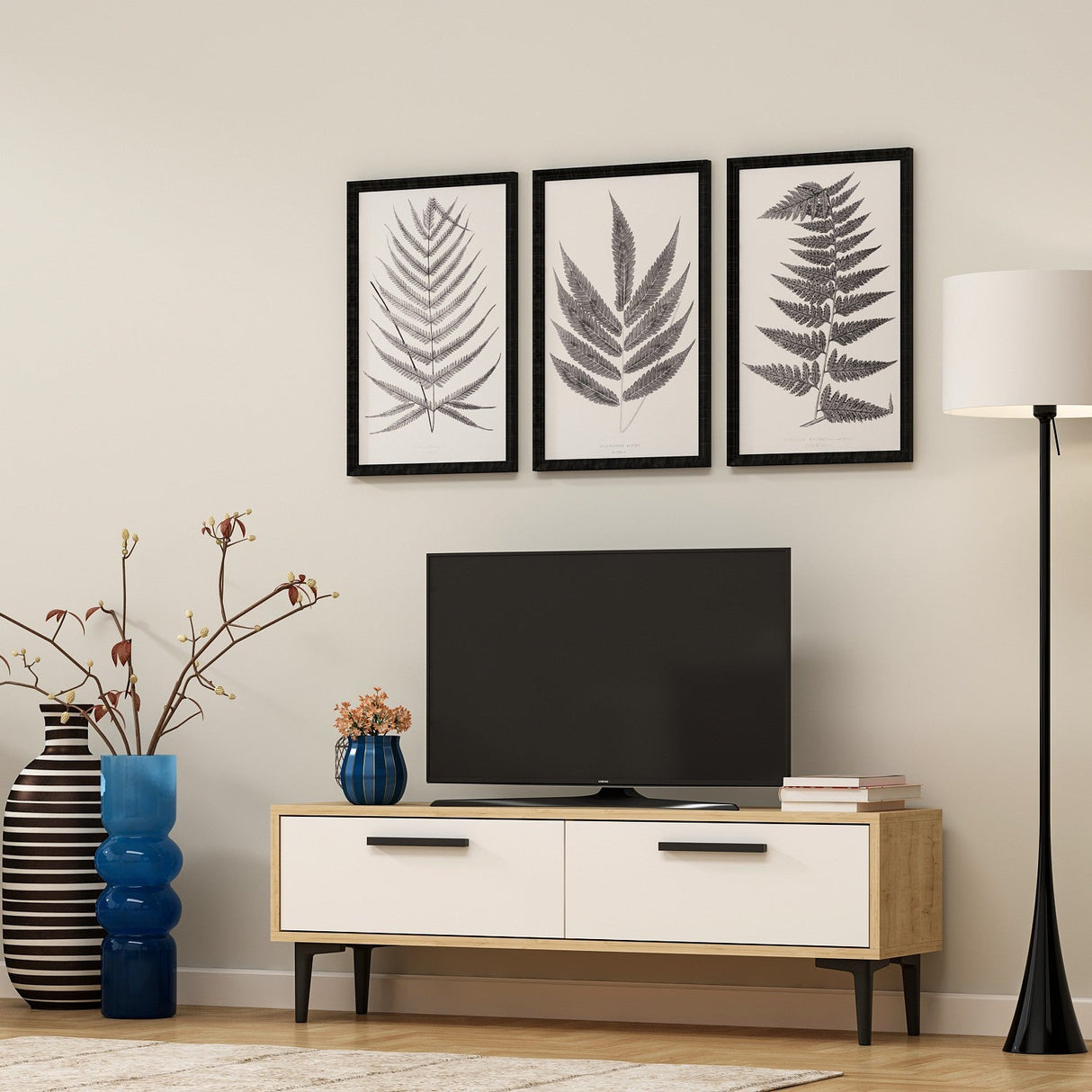 Comodă TV Leni, Diverse culori, 120x30x45 cm - Stejar safir - Alb | SKU: 475OLV1406 | Comodă TV Leni, 120x30x45 cm, varianta Stejar safir - Alb, produs pentru amenajarea locuinței, disponibil online în România la CasaMob