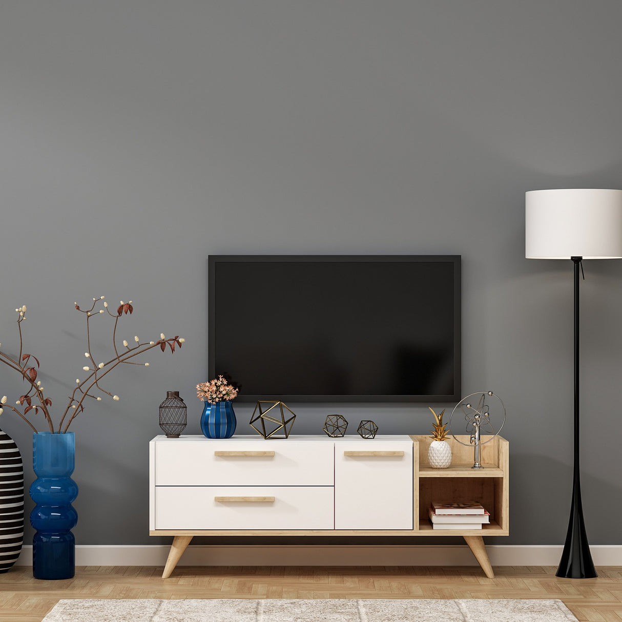 Comodă TV Otto, Stejar safir - Alb, 120x35x46 cm