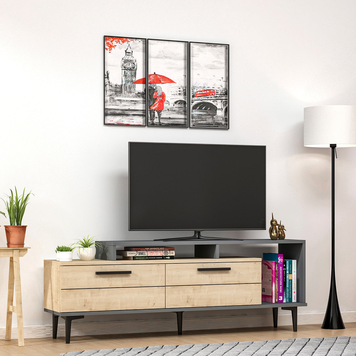 Comodă TV Niva, Diverse culori, 150x31x54 cm - Stejar safir - Antracit | SKU: 475OLV1408 | Comodă TV Niva, 150x31x54 cm, varianta Stejar safir - Antracit, produs pentru amenajarea locuinței, disponibil online în România la CasaMob