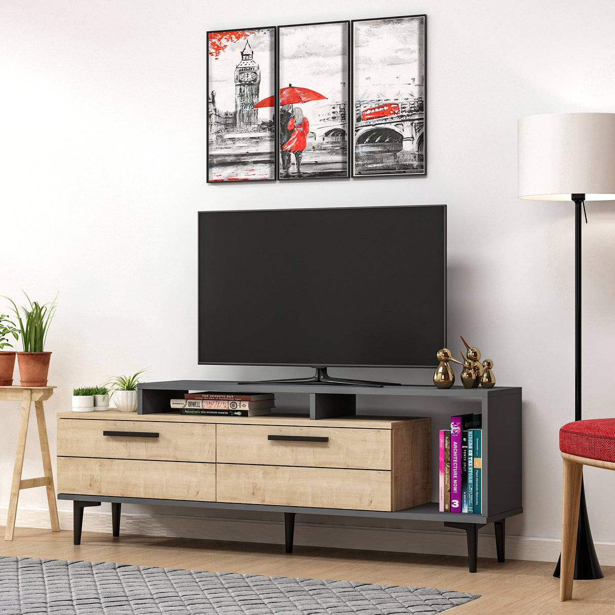 Comodă TV Niva, Diverse culori, 150x31x54 cm - Stejar safir - Antracit | SKU: 475OLV1408 | Comodă TV Niva, 150x31x54 cm, varianta Stejar safir - Antracit, produs pentru amenajarea locuinței, disponibil online în România la CasaMob