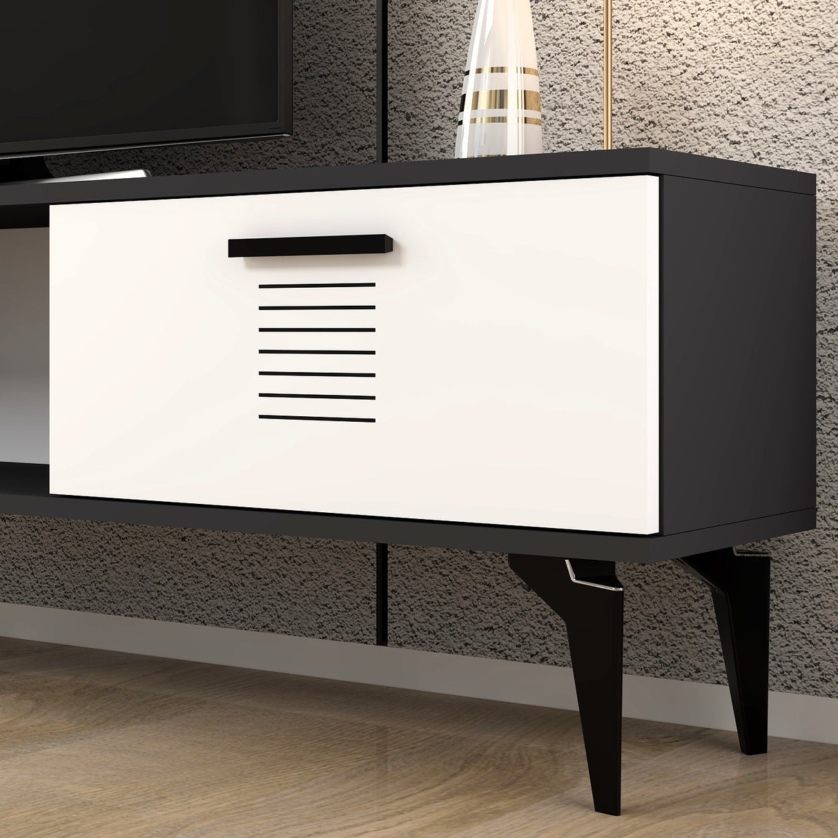 Comodă TV Asimo, Diverse culori, 150x30x45 cm - Antracit - Alb | SKU: 475OLV1428 | Comodă TV Asimo, 150x30x45 cm, varianta Antracit - Alb, produs pentru amenajarea locuinței, disponibil online în România la CasaMob