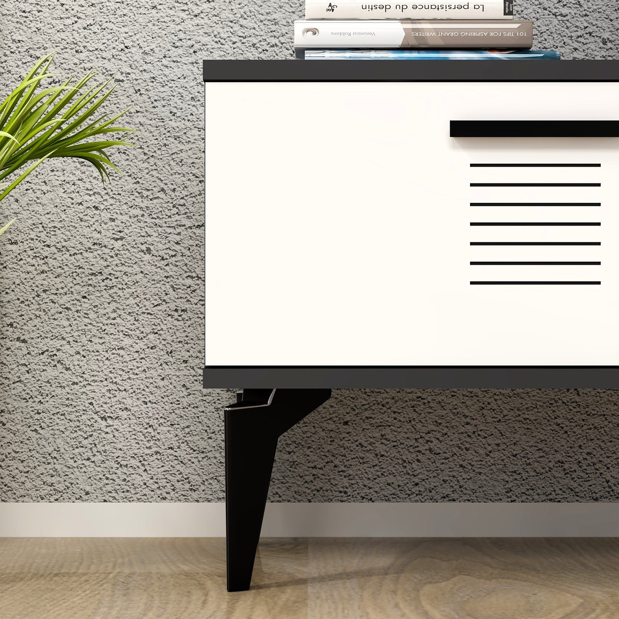 Comodă TV Asimo, Diverse culori, 150x30x45 cm - Antracit - Alb | SKU: 475OLV1428 | Comodă TV Asimo, 150x30x45 cm, varianta Antracit - Alb, produs pentru amenajarea locuinței, disponibil online în România la CasaMob