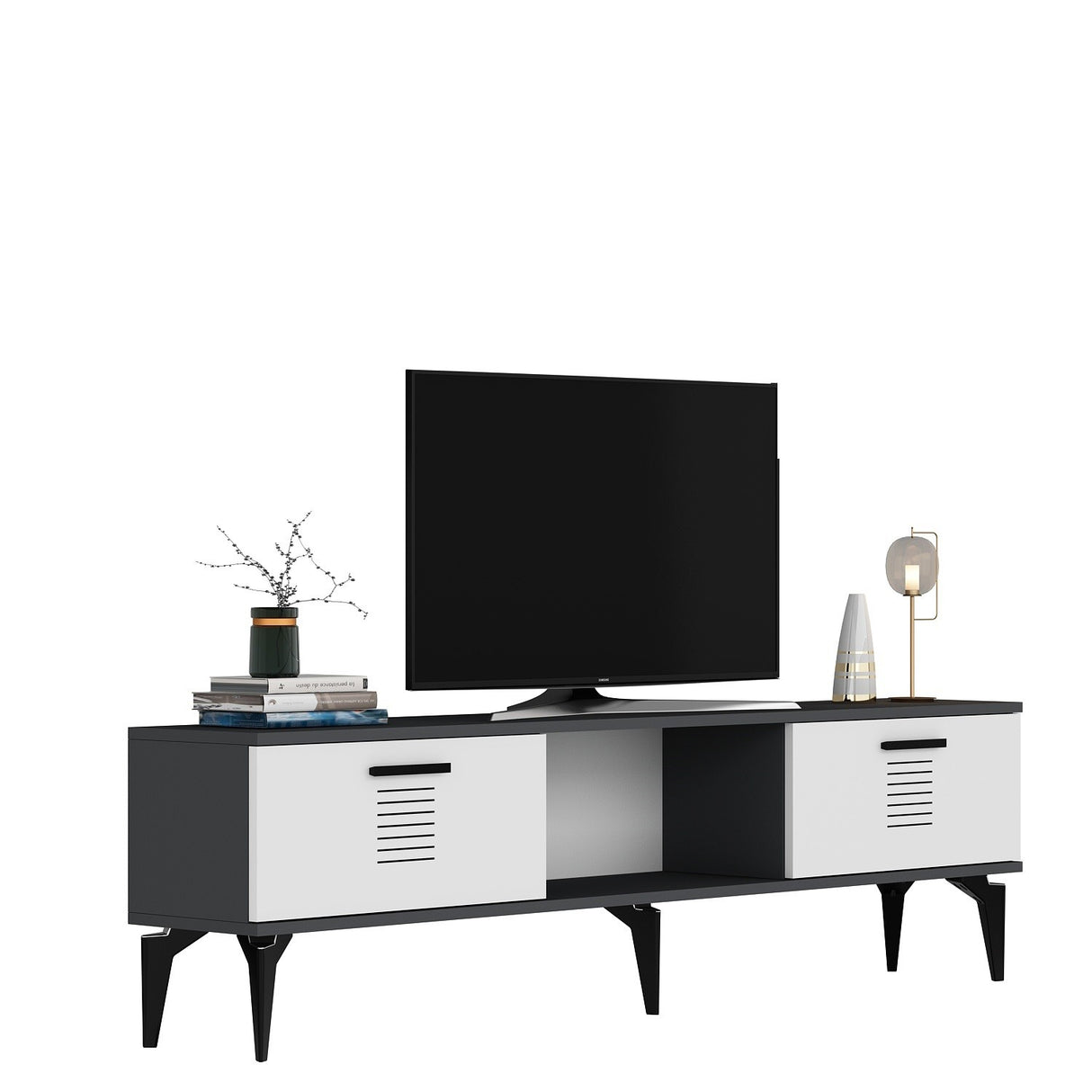 Comodă TV Asimo, Diverse culori, 150x30x45 cm - Antracit - Alb | SKU: 475OLV1428 | Comodă TV Asimo, 150x30x45 cm, varianta Antracit - Alb, produs pentru amenajarea locuinței, disponibil online în România la CasaMob