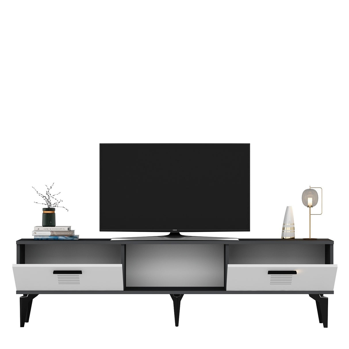 Comodă TV Asimo, Diverse culori, 150x30x45 cm - Antracit - Alb | SKU: 475OLV1428 | Comodă TV Asimo, 150x30x45 cm, varianta Antracit - Alb, produs pentru amenajarea locuinței, disponibil online în România la CasaMob