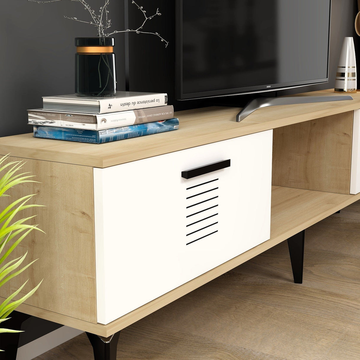 Comodă TV Asimo, Diverse culori, 150x30x45 cm - Stejar safir - Alb | SKU: 475OLV1430 | Comodă TV Asimo, 150x30x45 cm, varianta Stejar safir - Alb, produs pentru amenajarea locuinței, disponibil online în România la CasaMob