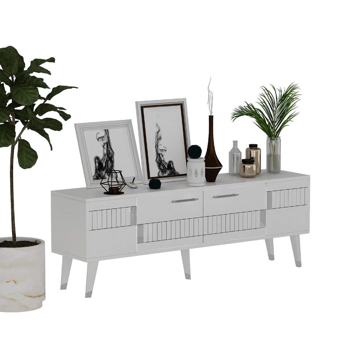 Comodă TV Moda, Diverse culori, 150x35x53 cm - Alb - Argintiu | SKU: 475OLV1434 | Comodă TV Moda, 150x35x53 cm, varianta Alb - Argintiu, produs pentru amenajarea locuinței, disponibil online în România la CasaMob