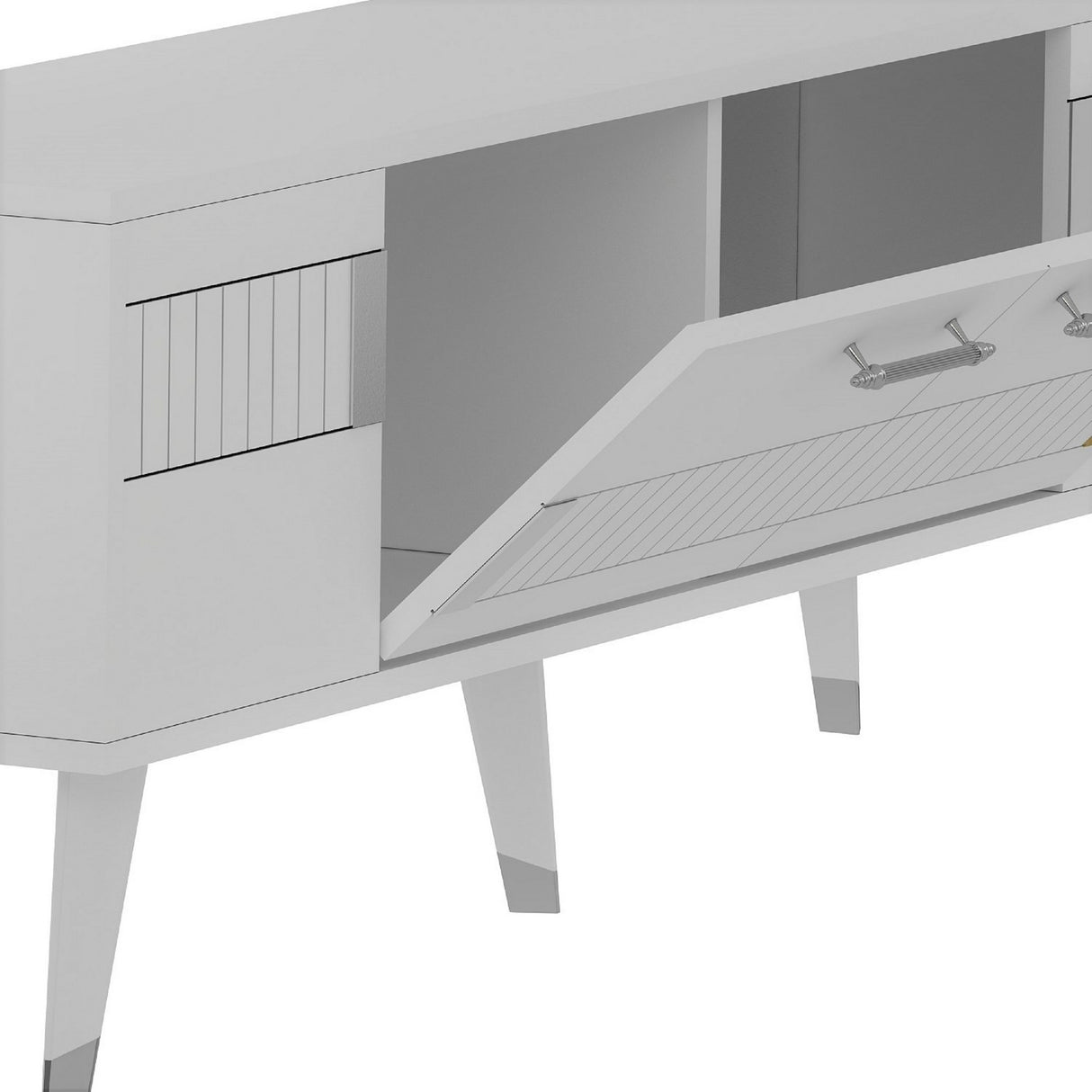 Comodă TV Moda, Diverse culori, 150x35x53 cm - Alb - Argintiu | SKU: 475OLV1434 | Comodă TV Moda, 150x35x53 cm, varianta Alb - Argintiu, produs pentru amenajarea locuinței, disponibil online în România la CasaMob