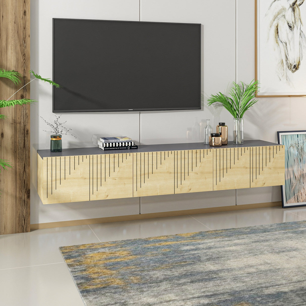 Comodă TV Artemis, Diverse culori, 180x37x45 cm - Stejar safir - Antracit | SKU: 475OLV1463 | Comodă TV Artemis, 180x37x45 cm, varianta Stejar safir - Antracit, produs pentru amenajarea locuinței, disponibil online în România la CasaMob