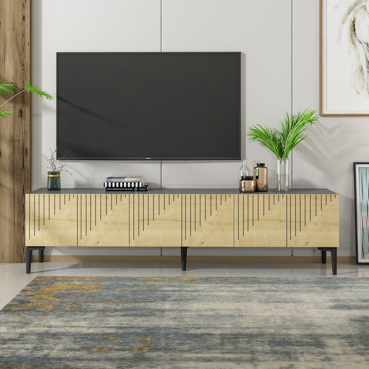 Comodă TV Artemis, Diverse culori, 180x37x45 cm - Stejar safir - Antracit | SKU: 475OLV1463 | Comodă TV Artemis, 180x37x45 cm, varianta Stejar safir - Antracit, produs pentru amenajarea locuinței, disponibil online în România la CasaMob