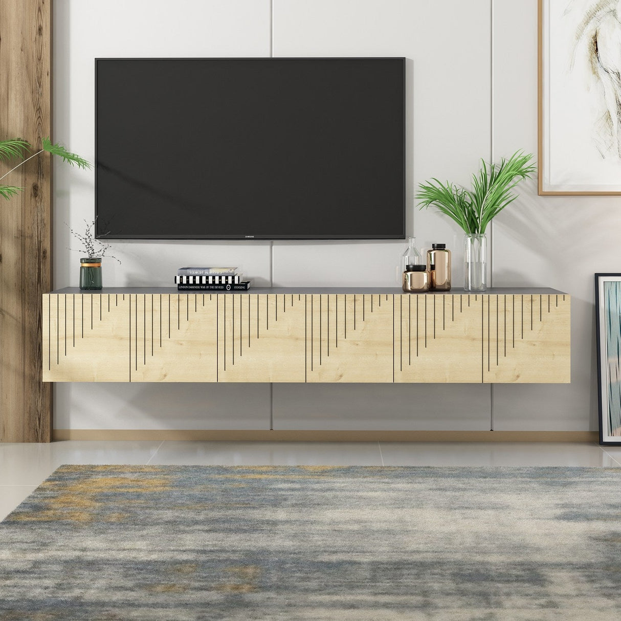 Comodă TV Artemis, Diverse culori, 180x37x45 cm - Stejar safir - Antracit | SKU: 475OLV1463 | Comodă TV Artemis, 180x37x45 cm, varianta Stejar safir - Antracit, produs pentru amenajarea locuinței, disponibil online în România la CasaMob